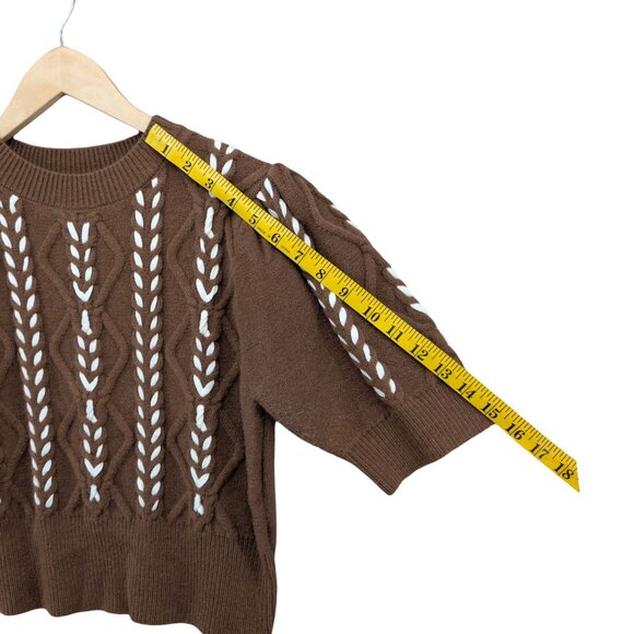 Commense Contrast Binding Cable Knit Sweater Womens Brown Cream 1/2 Sleeve Sz L - Picture 7 of 8